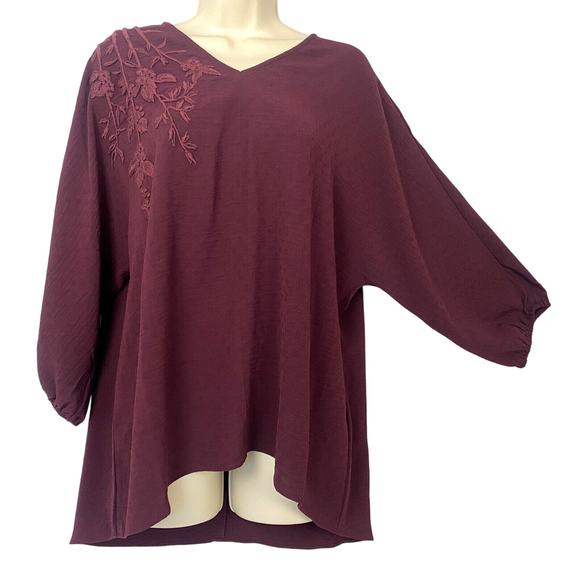 Chicos Top 2 Large Embroidered Floral Dolman Sleeve Flowy Burgundy Whimsigoth - Picture 1 of 14
